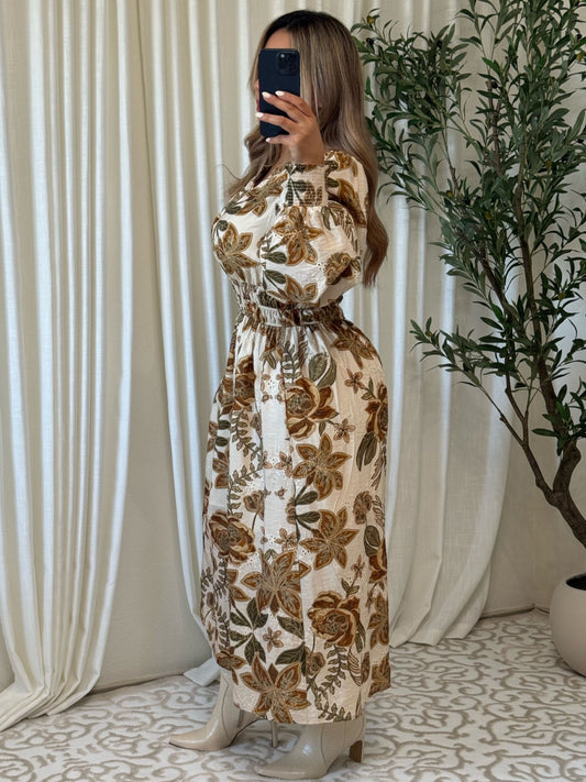The Marigold Dress - Cream Toned Floral Midi