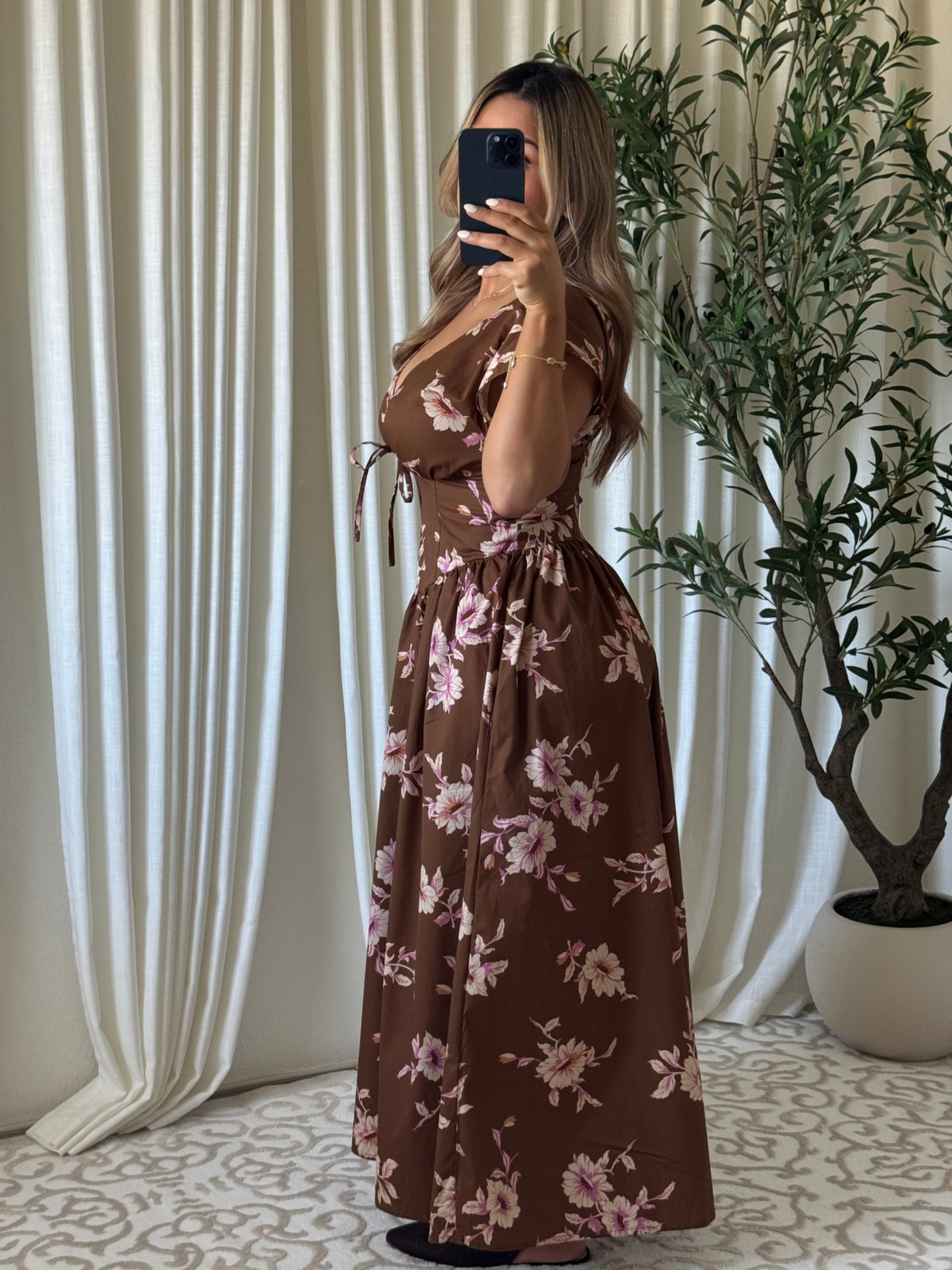 The Dahlia Dress - Brown Floral Midi