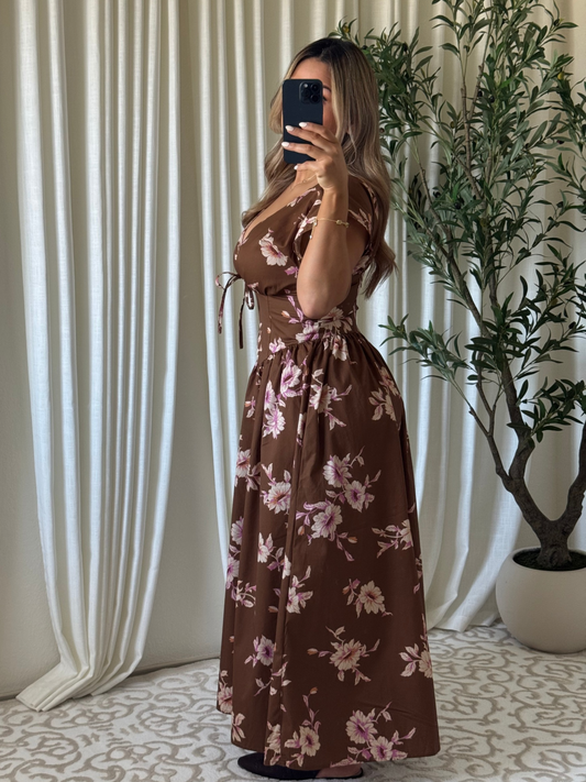 The Dahlia Dress - Brown Floral Midi