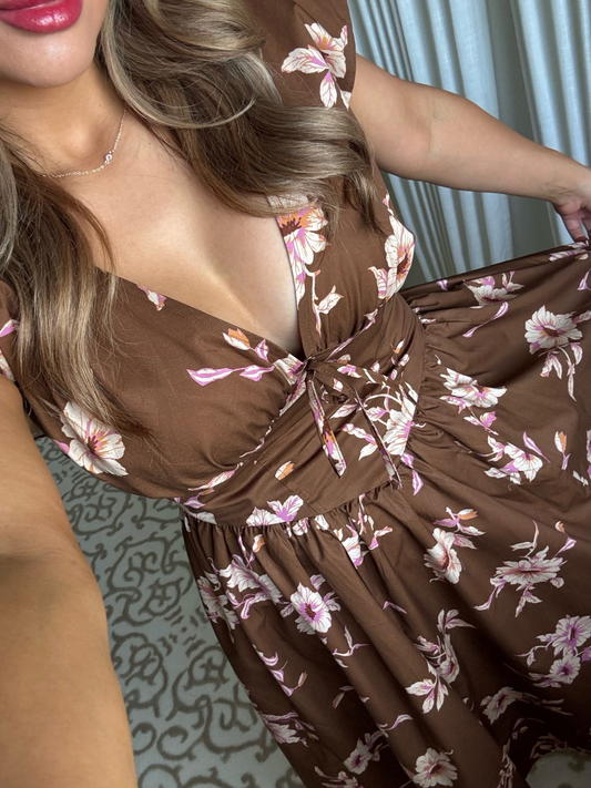 The Dahlia Dress - Brown Floral Midi